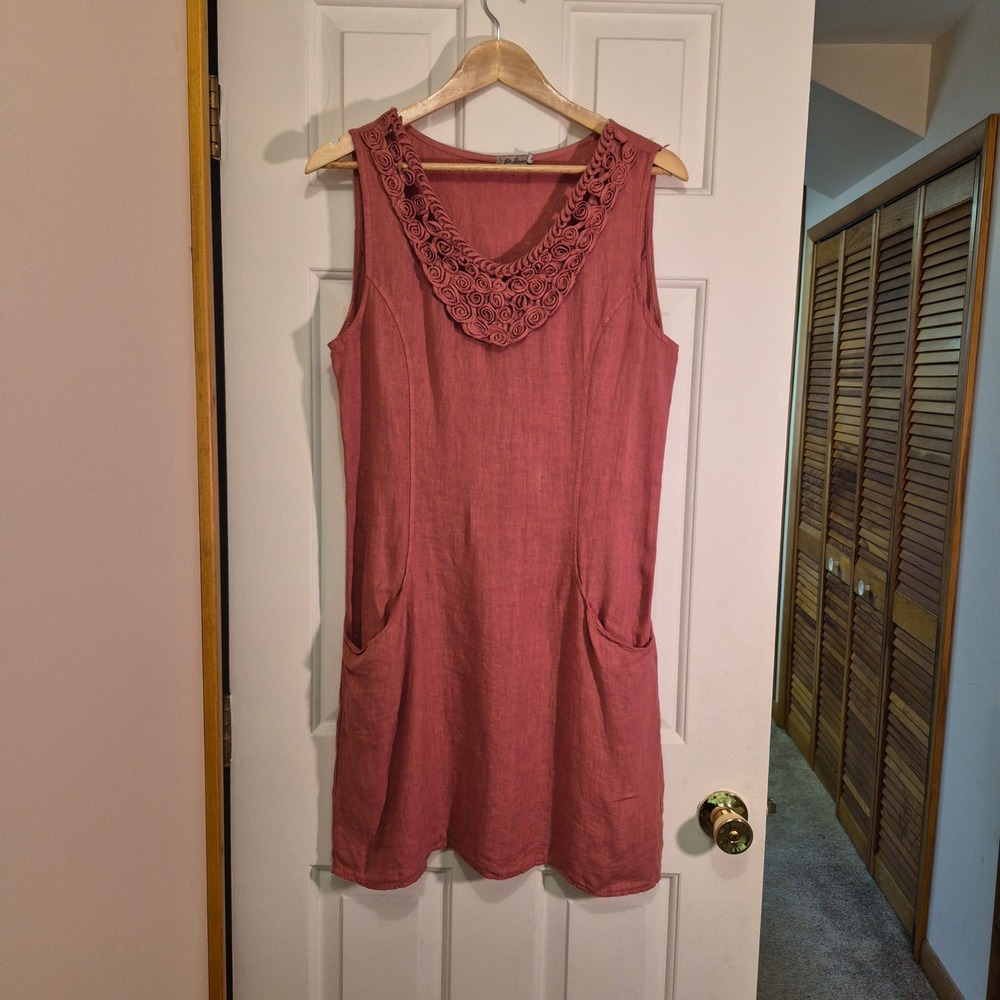 Blu Orchid Made in Italy 100%‎ Linen Sleeveless Rosette Neck Tunic Dress Rose S
